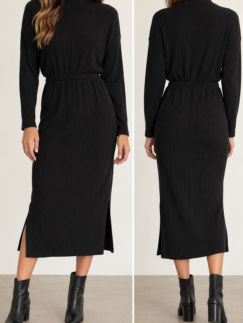 Classic Black Ribbed Midi Dress